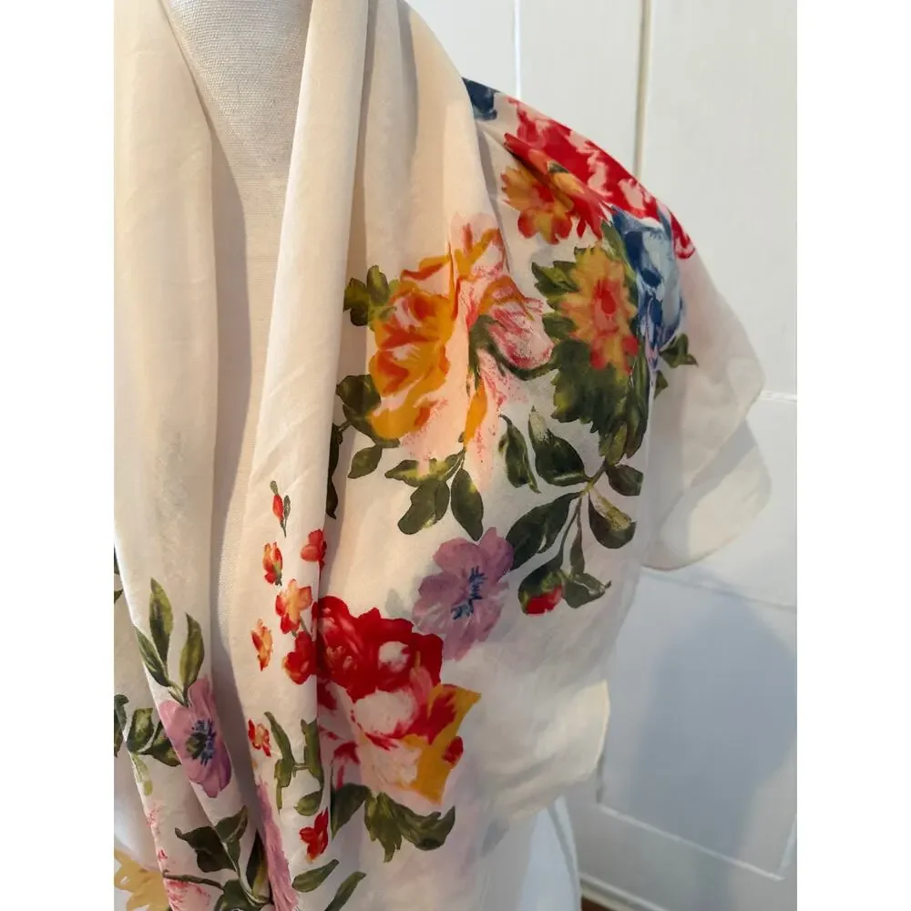 J Jill Large Lightweight Travel Scarf Cream Floral Print Tassel Detail